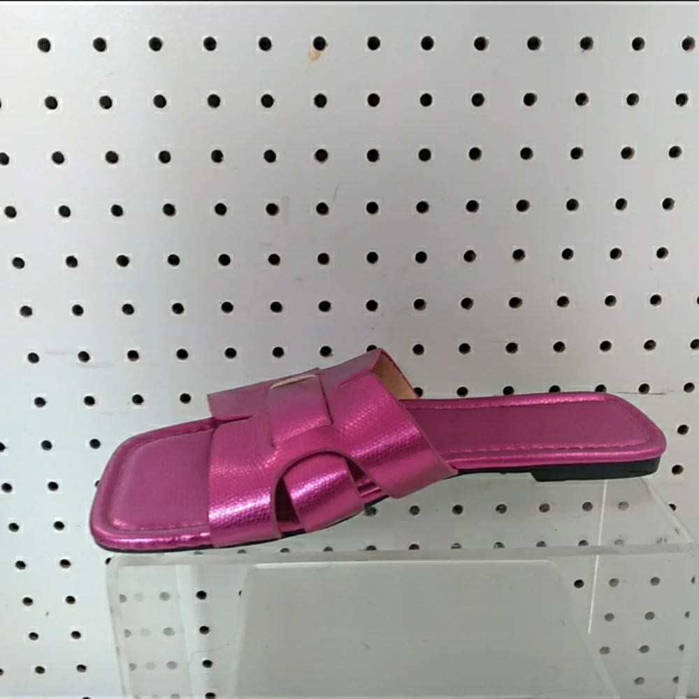 Hot Pink Square-toes Sandals | Flat Slide Cushioned Slip-on Casual Dressy Summer - Picture 3 of 5